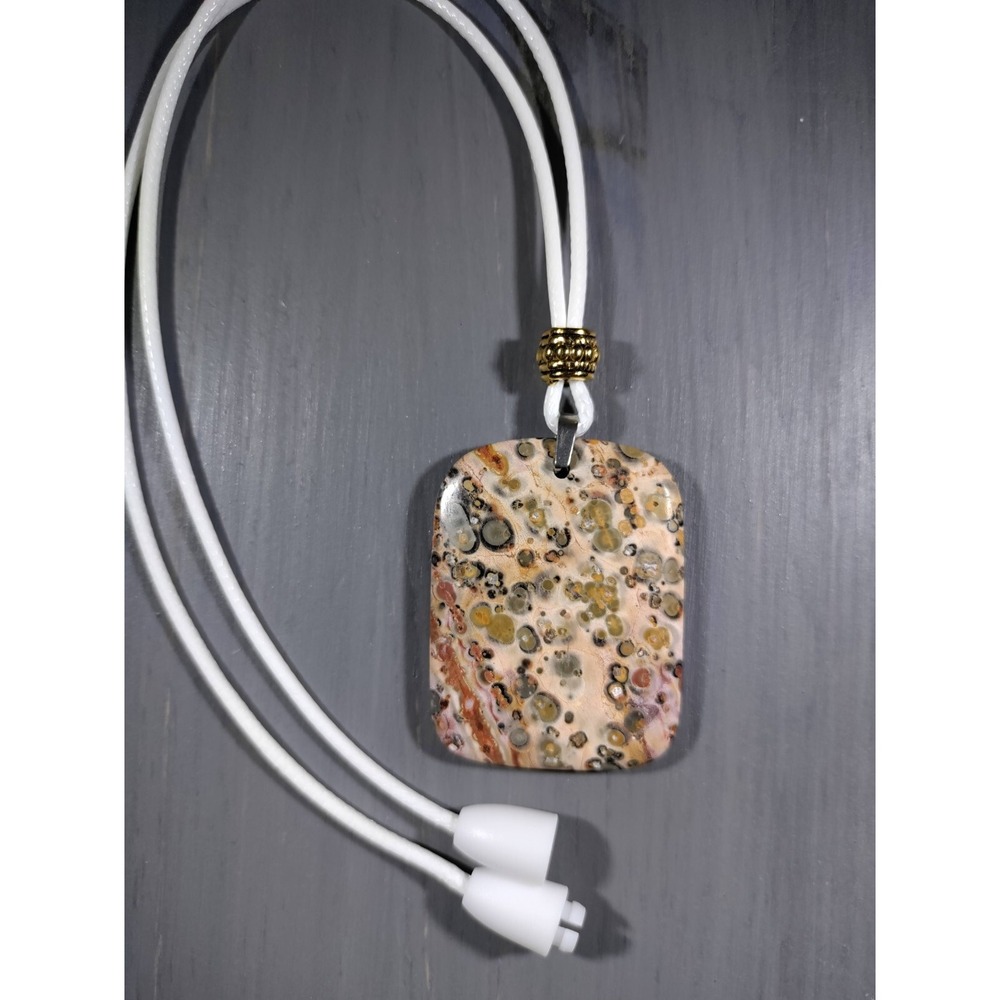 TrailerSpark Leopardskin Jasper‎ Pendant Necklace White Waxed Cord 18in Boho